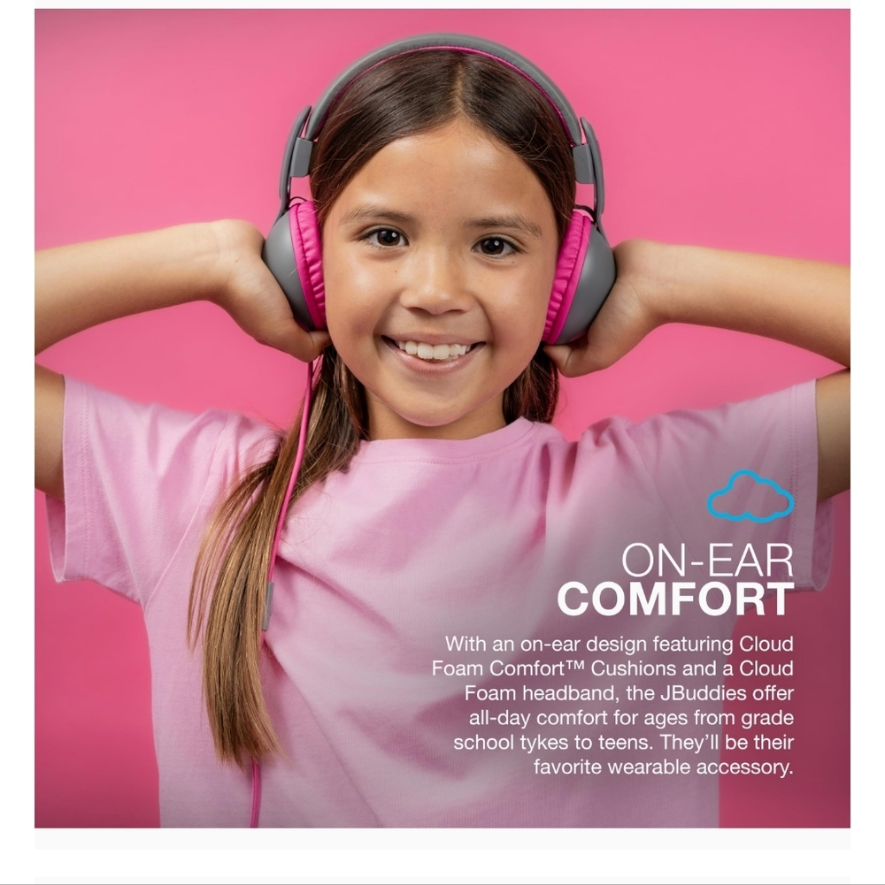 JLab JBuddies Studio 2 On-Ear Kids Wired Headphones, Grey/Pink, Kid Safe, - Picture 3 of 7